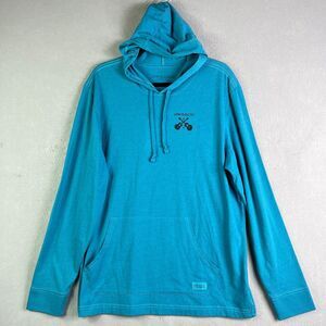 LIFE IS GOOD Sweatshirt Men Large Hoodie Blue Pullover Sweater Guitar Graphic